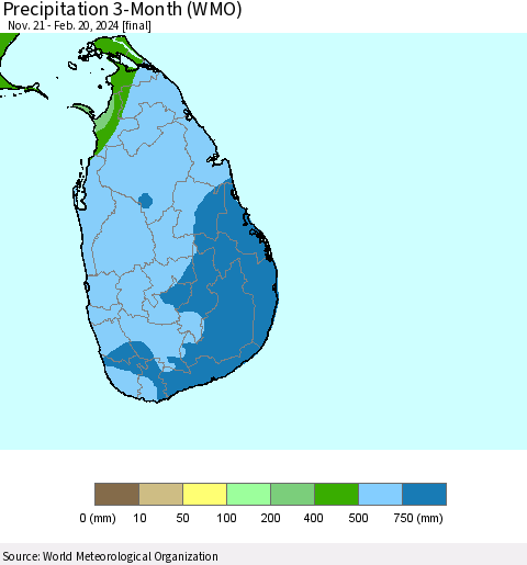 Sri Lanka Precipitation 3-Month (WMO) Thematic Map For 11/21/2023 - 2/20/2024