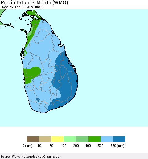 Sri Lanka Precipitation 3-Month (WMO) Thematic Map For 11/26/2023 - 2/25/2024