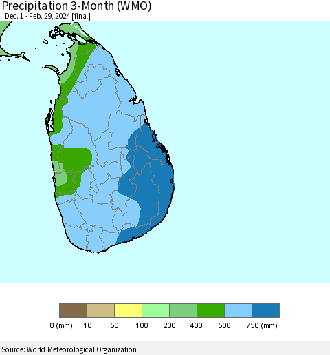 Sri Lanka Precipitation 3-Month (WMO) Thematic Map For 12/1/2023 - 2/29/2024