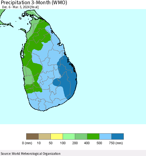 Sri Lanka Precipitation 3-Month (WMO) Thematic Map For 12/6/2023 - 3/5/2024