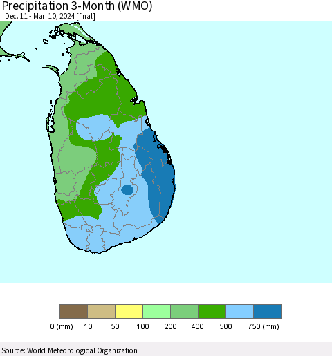 Sri Lanka Precipitation 3-Month (WMO) Thematic Map For 12/11/2023 - 3/10/2024