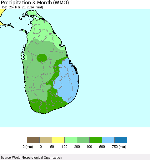 Sri Lanka Precipitation 3-Month (WMO) Thematic Map For 12/26/2023 - 3/25/2024