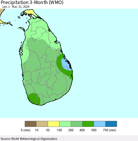 Sri Lanka Precipitation 3-Month (WMO) Thematic Map For 1/1/2024 - 3/31/2024