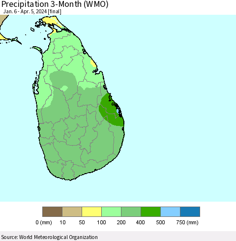 Sri Lanka Precipitation 3-Month (WMO) Thematic Map For 1/6/2024 - 4/5/2024