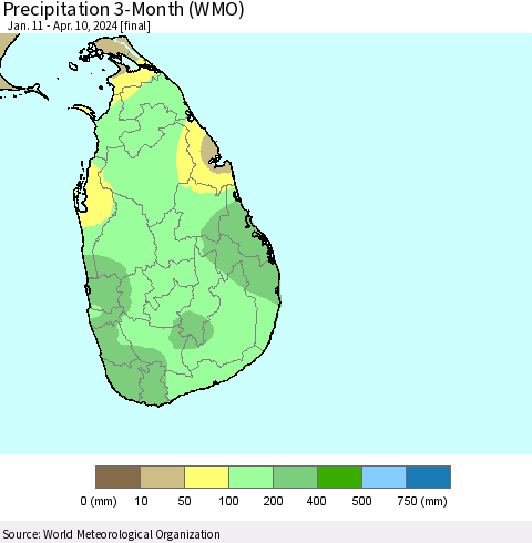 Sri Lanka Precipitation 3-Month (WMO) Thematic Map For 1/11/2024 - 4/10/2024