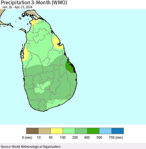 Sri Lanka Precipitation 3-Month (WMO) Thematic Map For 1/16/2024 - 4/15/2024
