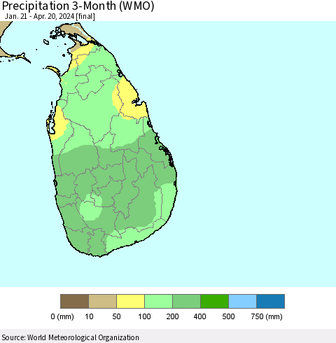 Sri Lanka Precipitation 3-Month (WMO) Thematic Map For 1/21/2024 - 4/20/2024