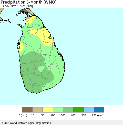 Sri Lanka Precipitation 3-Month (WMO) Thematic Map For 2/6/2024 - 5/5/2024