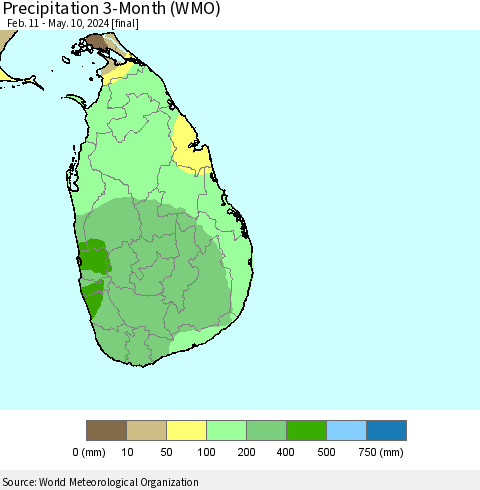 Sri Lanka Precipitation 3-Month (WMO) Thematic Map For 2/11/2024 - 5/10/2024