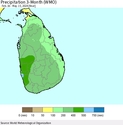 Sri Lanka Precipitation 3-Month (WMO) Thematic Map For 2/16/2024 - 5/15/2024