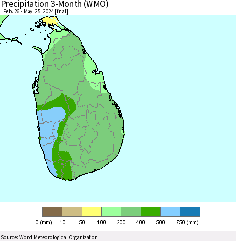 Sri Lanka Precipitation 3-Month (WMO) Thematic Map For 2/26/2024 - 5/25/2024