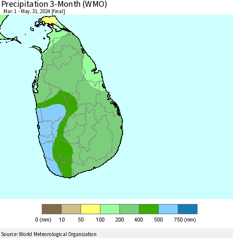 Sri Lanka Precipitation 3-Month (WMO) Thematic Map For 3/1/2024 - 5/31/2024