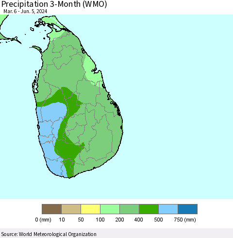 Sri Lanka Precipitation 3-Month (WMO) Thematic Map For 3/6/2024 - 6/5/2024
