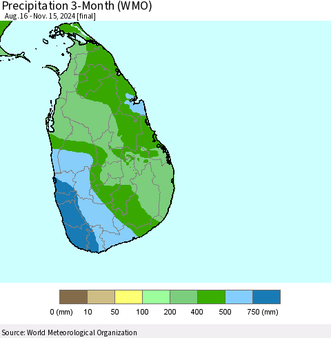 Sri Lanka Precipitation 3-Month (WMO) Thematic Map For 8/16/2024 - 11/15/2024