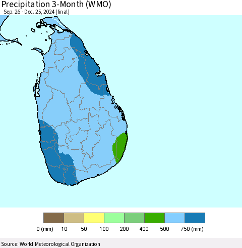 Sri Lanka Precipitation 3-Month (WMO) Thematic Map For 9/26/2024 - 12/25/2024