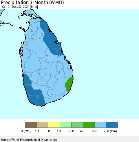 Sri Lanka Precipitation 3-Month (WMO) Thematic Map For 10/1/2024 - 12/31/2024