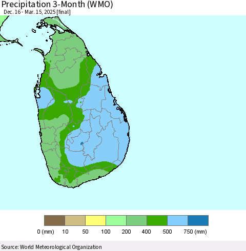 Sri Lanka Precipitation 3-Month (WMO) Thematic Map For 12/16/2024 - 3/15/2025