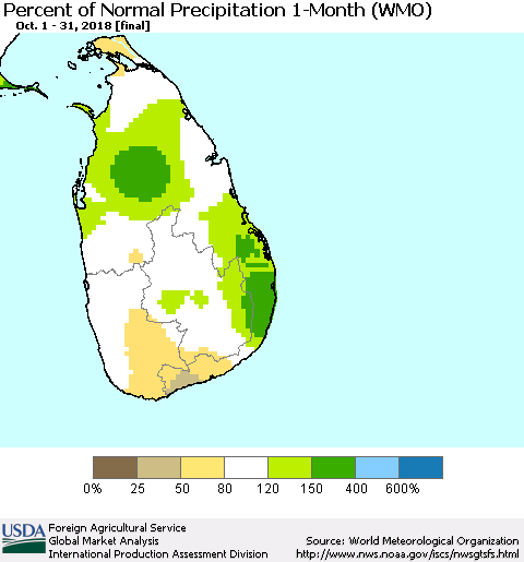Sri Lanka Percent of Normal Precipitation 1-Month (WMO) Thematic Map For 10/1/2018 - 10/31/2018