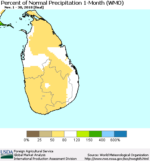 Sri Lanka Percent of Normal Precipitation 1-Month (WMO) Thematic Map For 11/1/2018 - 11/30/2018
