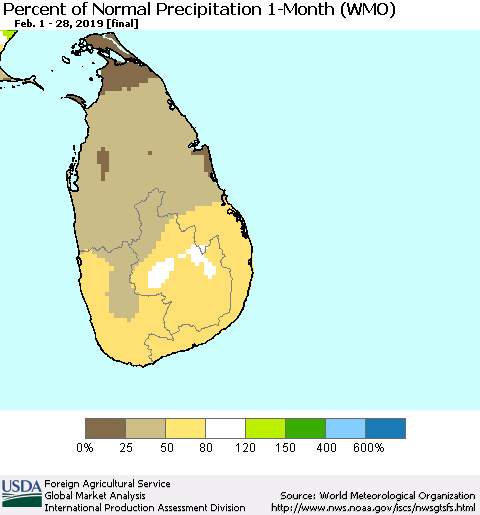 Sri Lanka Percent of Normal Precipitation 1-Month (WMO) Thematic Map For 2/1/2019 - 2/28/2019