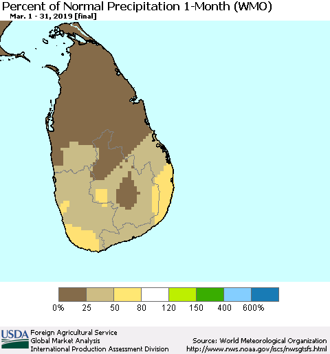 Sri Lanka Percent of Normal Precipitation 1-Month (WMO) Thematic Map For 3/1/2019 - 3/31/2019