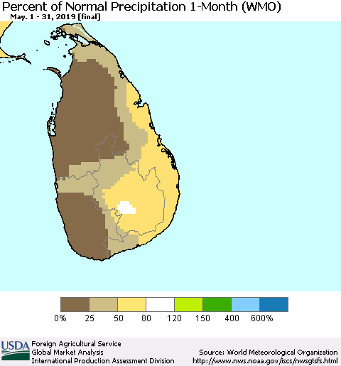 Sri Lanka Percent of Normal Precipitation 1-Month (WMO) Thematic Map For 5/1/2019 - 5/31/2019