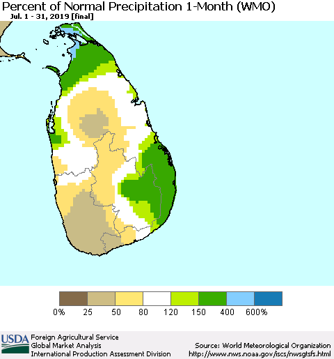 Sri Lanka Percent of Normal Precipitation 1-Month (WMO) Thematic Map For 7/1/2019 - 7/31/2019