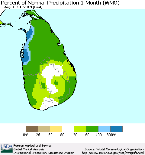 Sri Lanka Percent of Normal Precipitation 1-Month (WMO) Thematic Map For 8/1/2019 - 8/31/2019