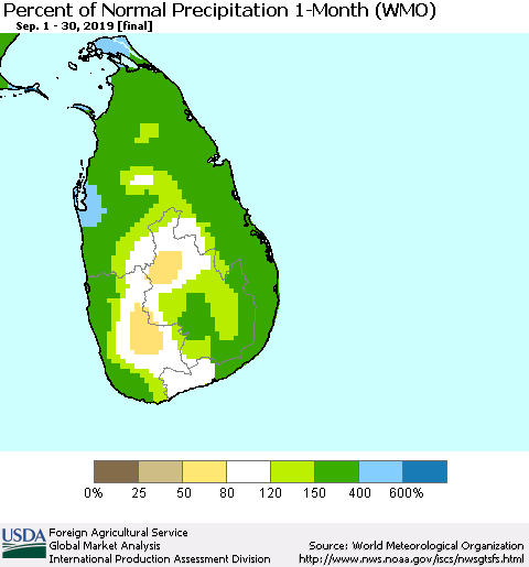Sri Lanka Percent of Normal Precipitation 1-Month (WMO) Thematic Map For 9/1/2019 - 9/30/2019