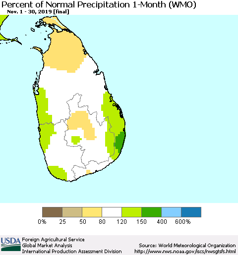 Sri Lanka Percent of Normal Precipitation 1-Month (WMO) Thematic Map For 11/1/2019 - 11/30/2019