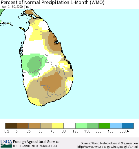 Sri Lanka Percent of Normal Precipitation 1-Month (WMO) Thematic Map For 4/1/2020 - 4/30/2020