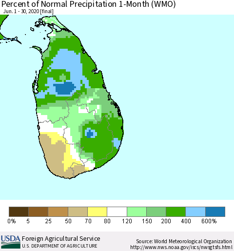 Sri Lanka Percent of Normal Precipitation 1-Month (WMO) Thematic Map For 6/1/2020 - 6/30/2020