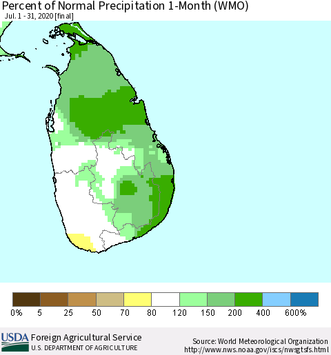 Sri Lanka Percent of Normal Precipitation 1-Month (WMO) Thematic Map For 7/1/2020 - 7/31/2020