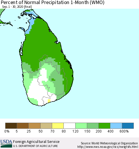 Sri Lanka Percent of Normal Precipitation 1-Month (WMO) Thematic Map For 9/1/2020 - 9/30/2020