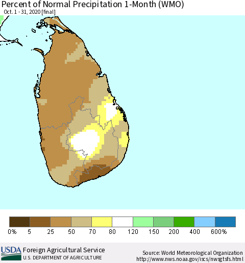 Sri Lanka Percent of Normal Precipitation 1-Month (WMO) Thematic Map For 10/1/2020 - 10/31/2020