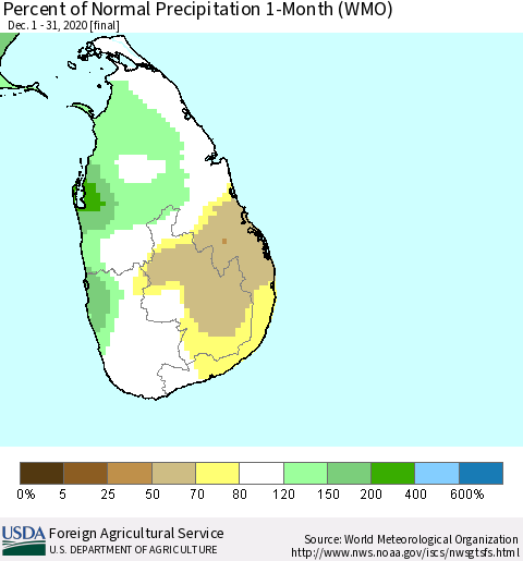 Sri Lanka Percent of Normal Precipitation 1-Month (WMO) Thematic Map For 12/1/2020 - 12/31/2020