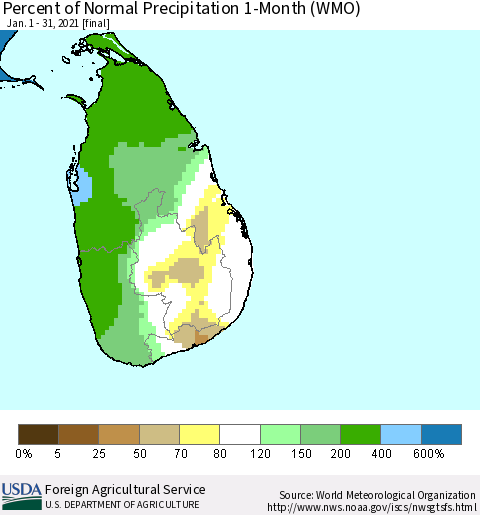 Sri Lanka Percent of Normal Precipitation 1-Month (WMO) Thematic Map For 1/1/2021 - 1/31/2021
