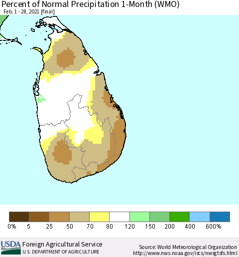 Sri Lanka Percent of Normal Precipitation 1-Month (WMO) Thematic Map For 2/1/2021 - 2/28/2021
