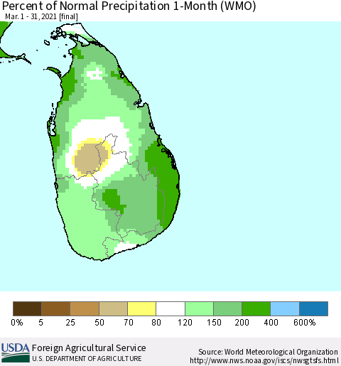 Sri Lanka Percent of Normal Precipitation 1-Month (WMO) Thematic Map For 3/1/2021 - 3/31/2021