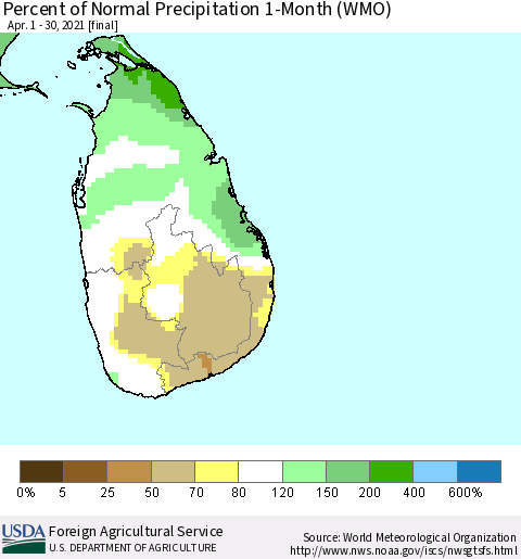 Sri Lanka Percent of Normal Precipitation 1-Month (WMO) Thematic Map For 4/1/2021 - 4/30/2021