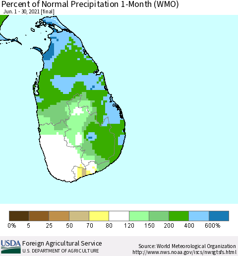 Sri Lanka Percent of Normal Precipitation 1-Month (WMO) Thematic Map For 6/1/2021 - 6/30/2021