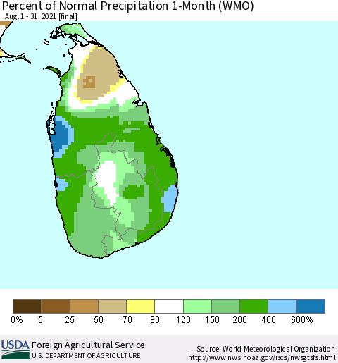 Sri Lanka Percent of Normal Precipitation 1-Month (WMO) Thematic Map For 8/1/2021 - 8/31/2021