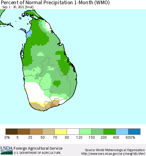 Sri Lanka Percent of Normal Precipitation 1-Month (WMO) Thematic Map For 9/1/2021 - 9/30/2021