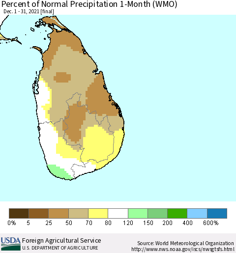 Sri Lanka Percent of Normal Precipitation 1-Month (WMO) Thematic Map For 12/1/2021 - 12/31/2021