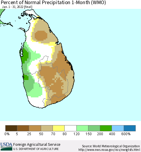 Sri Lanka Percent of Normal Precipitation 1-Month (WMO) Thematic Map For 1/1/2022 - 1/31/2022