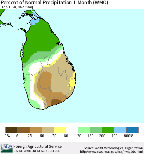 Sri Lanka Percent of Normal Precipitation 1-Month (WMO) Thematic Map For 2/1/2022 - 2/28/2022