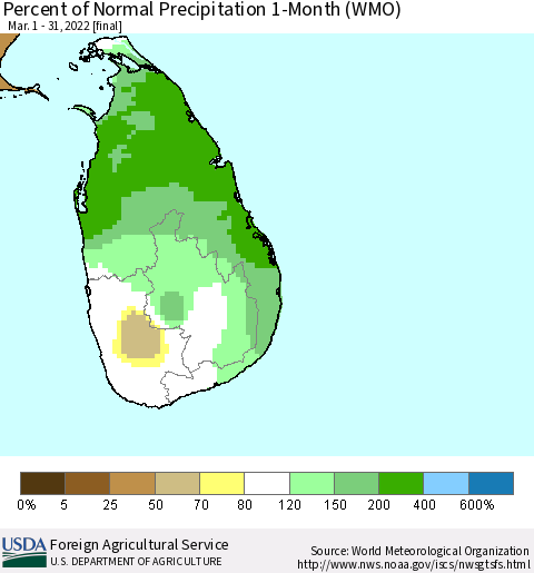 Sri Lanka Percent of Normal Precipitation 1-Month (WMO) Thematic Map For 3/1/2022 - 3/31/2022