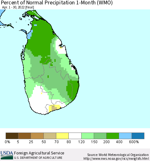 Sri Lanka Percent of Normal Precipitation 1-Month (WMO) Thematic Map For 4/1/2022 - 4/30/2022