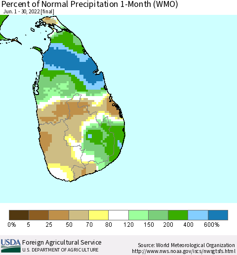 Sri Lanka Percent of Normal Precipitation 1-Month (WMO) Thematic Map For 6/1/2022 - 6/30/2022
