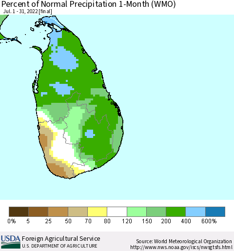 Sri Lanka Percent of Normal Precipitation 1-Month (WMO) Thematic Map For 7/1/2022 - 7/31/2022